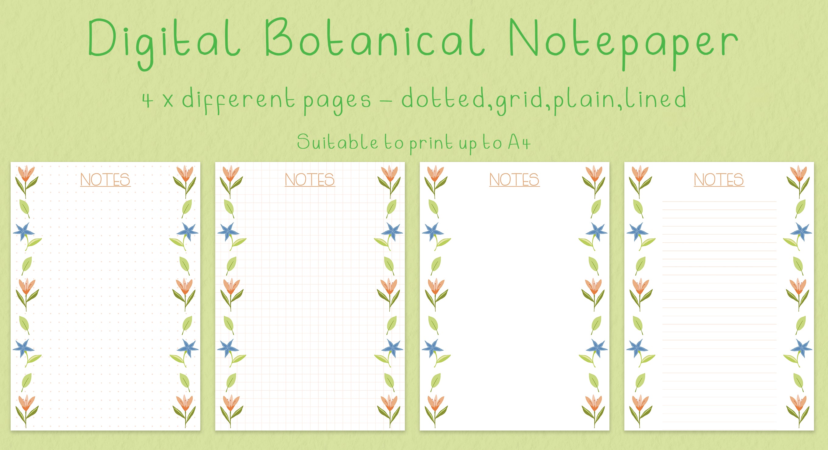 Digital Botanical Notepaper (4 x Styles) A6/A5/A4
